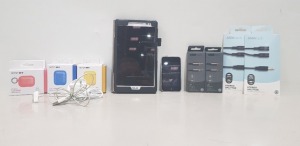 12 PIECE MIXED LOT CONTAINING 1 X ASUS ANDROID VERSION 7 WITH CHARGER 1X IPOD TOUCH 16 GB STEREO SPLITERS, 3.5MM JACK CABLES , 6X AIRPOD CASES