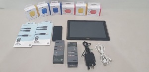 12 PIECE MIXED LOT CONTAINING 1 X ACER TABLTE 10 INCH 32GB STORAGE WITH CHARGER, 1X APPLE IPHONE 16GB WITH CHARGER, 2X 3.5 MMM JACK CABLE, 2X STEREO SPLITTERS, 7 IPOD CASES