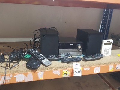 1 X JVC GUN METAL CD PLAYER WITH 2 SPEAKERS / WIRELEESS HI-FI SYSYEM ( UX-D321B) - ALSO TO INCLUDE 2 X BT6600 TTRIO HANSET PHONE WITH CHARGER / CALCULATOR / REMOTE ETC