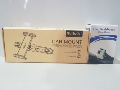 50 PIECE MIXED LOT CONTAINING- 30 X BRAND NEW CAR DASHBOARD PHONE HOLDERS - 20X NULAXY HEAD REST CARMOUNTS