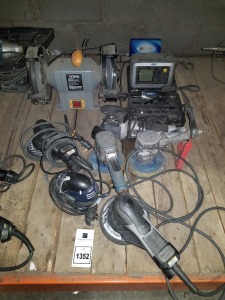 9 PIECE MIXED TOOL LOT CONTAINING DRAPER DREMEL RING STARTER BOOSTER( NO POWER LEAD) - TITAN 200MM BENCH GRINDER / MAC ALLISTER GRINDER / ERBAUER PNEUMATIC SANDER /2 X INDASA - E SERIES SANDER ETC