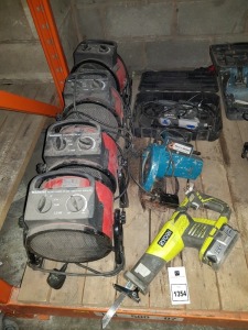 7 PIECE MIXED TOOL LOT CONTAINING 4 X SPACE HEATER 2.5 KW / RYOBI RECIPRICATING SAW WITH BATTERY / BLACK AND DECKER CIRCULAR SAW / DREMMEL 4000