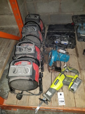 7 PIECE MIXED TOOL LOT CONTAINING 4 X SPACE HEATER 2.5 KW / RYOBI RECIPRICATING SAW WITH BATTERY / BLACK AND DECKER CIRCULAR SAW / DREMMEL 4000