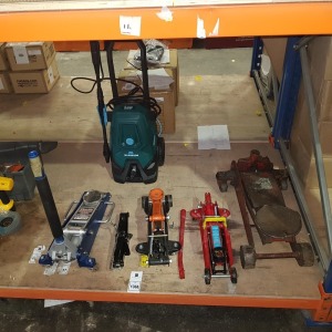 6 PIECE MIXED TOOL LOT CONTAINING CLARKE STRONG ARMS 1.25 TONNE JACK / MCGREGOR POWER WASHER / 2 X UNBRANDED 1 TONNE JACKS / CAR BOOT JACK / UNKNOWS JACK - ETC