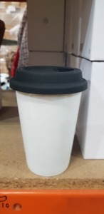 180 X BRAND NEW GLASS COFFE MUGS WITH SILICONE LIDS - IN INDIVIDUAL BOXES