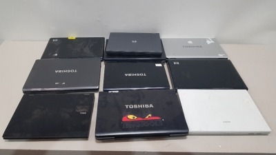 10 PIECE MIXED SPARE AND REPAIR LAPTOP LOT CONTAINING 5 X TOSHIBA / 1 X DELL / 3 X HP / 2 X SONY ( PLEASE NOTE SOME BATTERYS / MOTHERBORADS / KEYBOARDS MISSING - ALL FOR SPARES )