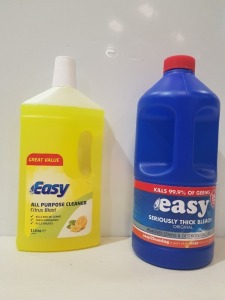 50 PIECE MIXED LOT CONTAINING EASY SERIOUSLY THICK BLEACH 2 LITRE , EASY ALL PURPOSE CLEANER CITRUS BLAST 1 LITRE . IN 7 BOXES