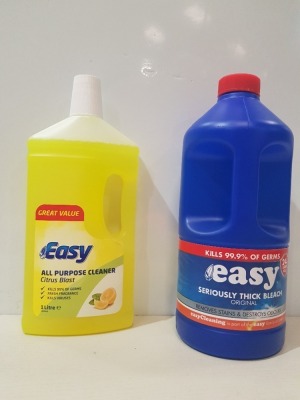 50 PIECE MIXED LOT CONTAINING EASY SERIOUSLY THICK BLEACH 2 LITRE , EASY ALL PURPOSE CLEANER CITRUS BLAST 1 LITRE . IN 7 BOXES