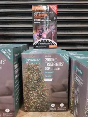 3 X BRAND NEW PREMIER 2000 LED TREEBRIGHTS - 1 X RAINBOW 1 X WHITE - 1 X MULTI-COLOURED - MULTI ACTION - GREEN CABLE - 50 CM LIT LENGTH WITH TIMER FUNCTION - FOR INDOOR AND OUTDOOR USE AND 1 X 2000 LED CLUSTER SUPABRIGHTS 25 M LIT LENGTH - RAINBOW COLOUR