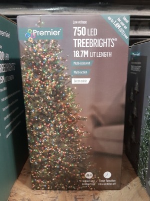 3 X BRAND NEW PREMIER 750 LED TREEBRIGHTS - 1 X MULTI-COLOURED - 1 X WHITE - 1 RAINBOW - MULTI ACTION - GREEN CABLE - 18.7 M LIT LENGTH WITH TIMER FUNCTION - FOR INDOOR AND OUTDOOR USE ( LOAD 10 - PALLET 14 )