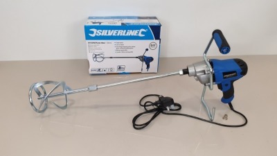 2 X BRAND NEW SILVERLINE DIY 850W PAINT / CEMENT / PLASTER MIXERS WITH 120MM DIA PADDLE, 80 LITRE CAPABILITY (PRODUCT CODE 263965) - (WITH 3 YEARS MANUFACTURERS GUARANTEE)