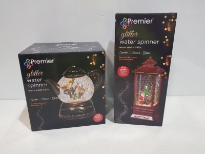 30 X BRAND NEW PREMIER 27 CM LANTERN WATER SANTA AND SNOWMAN SCENE AND 12 X BRAND NEW 18 CM TEAPOT WATER SPINNER ROBIN SCENE - IN 7 BOXES