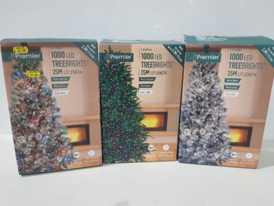 9 X PREMIER 1000 LED TREEBRIGHTS 25M LIT LENGTH - MULTI ACTION - GREEN CABLE - IN VARIOUS LED COLOURS TO INCLUDE / WARM WHITE / MULTI-COLOURED / WHITE ( PLEASE NOTE THIS IS CUSTOMER RETURN )
