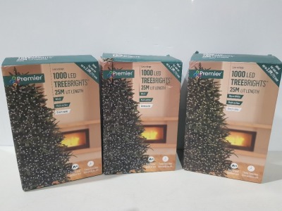 9 X PREMIER 1000 LED TREEBRIGHTS 25M LIT LENGTH - MULTI ACTION - GREEN CABLE - IN VARIOUS LED COLOURS TO INCLUDE / WARM WHITE / WHITE ( PLEASE NOTE THIS IS CUSTOMER RETURN )