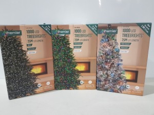 9 X PREMIER 1000 LED TREEBRIGHTS 25M LIT LENGTH - MULTI ACTION - GREEN CABLE - IN VARIOUS LED COLOURS TO INCLUDE / WARM WHITE / WHITE MULTI-COLOURED) ( PLEASE NOTE THIS IS CUSTOMER RETURN )