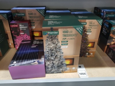10 PIECE BRAND NEW MIXED PREMIER LIGHTS LOT CONTAINING 1 X 1500 LED TREEBRIGHTS / 4 X 1000 LED TREE BRIGHTS / 3 X 750 LED TREEBRIGHTS / 1 X 200 LED SUPABRIGHTS / 1 X 240 LED CURTAIN LIGHTS ( LOAD 9 - PALLET 24 )