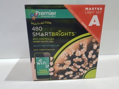 6 X BRAND NEW PREMIER MULTI-ACTION 480 WARM WHITE LED SMARTBRIGHTS - WIFI CONTROLLED - DUAL TIMER FUNCTION - MASTER LIGHT SET - I PHONE AND ANDROID COMPATIBLE - IN 1 BOX ( LOAD 9 - PALLET 24 )