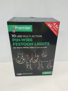 12 X BRAND NEW PREMIER 10 LED MULTI- ACTION PIN WIRE FESTOON LIGHTS WITH 50 WARM WHITE LEDS - 4.5 M LIT LENGTH
