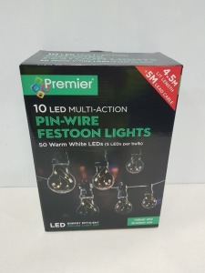 12 X BRAND NEW PREMIER 10 LED MULTI- ACTION PIN WIRE FESTOON LIGHTS WITH 50 WARM WHITE LEDS - 4.5 M LIT LENGTH