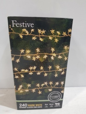 36 X FESTIVE 240 WARM WHITE DEWDROP CLUSTER STAR LIGHTS - 3 METER LIT LENGTH