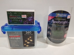 29 PIECE MIXED CHRISTMAS LIGHTS LOT CONTAINING 6 X SNOWTIME 25m 360 LED WARM WHITE LIGHTS - 12 X PREMIER 5m FLEXI-BRIGHT LED STRIP LIGHTS - 11 X PREMIER 200 LED COLOUR-CHANGING LIGHTS