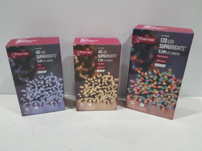 30 PIECE MIXED PREMIER CHRISTMAS LIGHTS LOT CONTAINING 2 X 200 LED 16m SUPERBRIGHTS - 12 X 120 LED 9.5m SUPERBRIGHTS - 16 X 40 LED 3.1m SUPERBRIGHTS ALL IN VARIOUS COLOURS