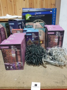 19 PIECE MIXED PREMIER CHRISTMAS LIGHTS LOT CONTAINING 1500 LED 37.5m TREEBRIGHTS, 720 LED 17.8m ICICLEBRIGHTS, 500 LED 12.5m TREEBRIGHTS, 300 LED 6m ICICLEBRIGHTS, 360 LED 3.5 X 1.2m NET-LIGHTS, ETC (PLEASE NOTE SOME ARE RETURNS)