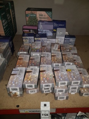 75 PIECE MIXED PREMIER CHRISTMAS LIGHTS LOT CONTAINING 2000 LED 50m TREEBRIGHTS, 500 LED 10m ULTRABRIGHTS, 400 LED 20m ULTRABRIGHTS, 200 LED 10m ULTRABRIGHTS, 100 LED 5m MICROBRIGHTS IN VARIOUS COLOURS, ETC (PLEASE NOTE SOME ARE RETURNS)