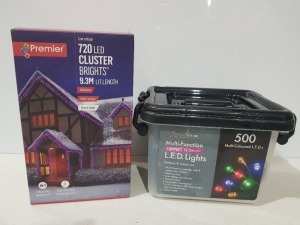 10 PIECE MIXED CHRISTMAS LIGHTS LOT CONTAINING 5 X PREMIER 720 LED 9.3m CLUSTERBRIGHTS AND 5 X SNOWTIME 500 LED 12.5m MULTI-COLOURED LIGHTS