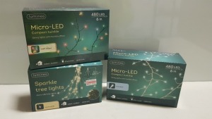 33 PIECE MIXED LUMINEO LIGHTS LOT CONTAINING 480 LED 6m STRING LIGHTS, 832 LED 2.4m TREELIGHTS AND 672 LED 2.1m TREELIGHTS