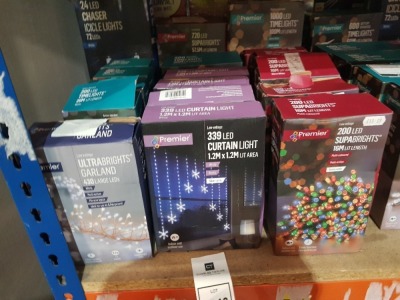 18 PIECE MIXED PREMIER CHRISTMAS LIGHTS LOT CONTAINING 1000 LED 100m TIMELIGHTS, 720 LED 57.5m SUPERBRIGHTS, 400 LED 40m TIMELIGHTS, 200 LED 16m SUPERBRIGHTS, ETC (PLEASE NOTE SOME ARE RETURNS)