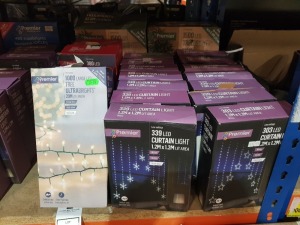 20 PIECE MIXED PREMIER CHRISTMAS LIGHTS LOT CONTAINING 1500 LED 37.5m TREEBRIGHTS, 380 LED 23m SUPABRIGHTS, 1000 LARGE LED 20m ULTRABRIGHTS, 339 LED 1.2 X 1.2m CURTAIN LIGHTS, ETC (PLEASE NOTE SOME ARE RETURNS)