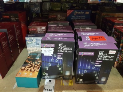 20 PIECE MIXED PREMIER CHRISTMAS LIGHTS LOT CONTAINING 720 LED 57.5m SUPABRIGHTS, 480 SUPABRIGHTS SNOWING ICICLES, 360 LED 28.7m SUPABRIGHTS, 400 LARGE LED 20m ULTRABRIGHTS, ETC (PLEASE NOTE SOME ARE RETURNS)