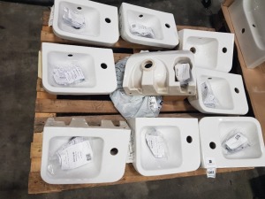 9 X BRAND NEW VILLEROY AND BOCH ARCHITECTURA OFFSET HANDWASH BASIN ( 43733601) - INCLUDES ALL FIXINGS AND BOLTS- ON A PLT