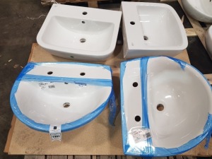 4 X BRAND NEW WASH BASINS TO INCLUDE 2 X ROCA LAURA TWO TAP HOLE WASH BASIN ( A328396000) AND 2 X IDEAL STANDARD ONE TAP HOLE WASH BASIN - ON 1 PLT