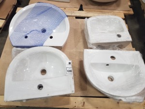 4 X BRAND NEW VARIOUS WASH BASINS TO INCUDE 2 X ARMITAGE SHANKS ( E893501) / 1 X IDEAL STANDARD ( T059501) / 1 X TWYFORD (AR4112WH) - ON 1 PLT