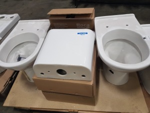 5 PIECE MIXED LOT CONTAINING 2 X BRAND NEW VILLEROY AND BOCH BACK TO WALL NOVO TOILET PAN ( 56571001) AND 3 X BRAND NEW ROCA THE GAP DUAL FLUSH 4.5 L / 3 L WC CISTERN ( A3410NC00F)- ON 1 PLT