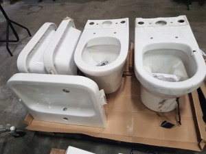 5 PIECE MIXED LOT CONTAINING 2 X BRAND NEW VILLEROY AND BOCH TOILET PAN ( 4625R101) AND 3 X BRAND NEW VILLEROY AND BOCH WASHBASIN ( 41885501) - ON 1 PLT