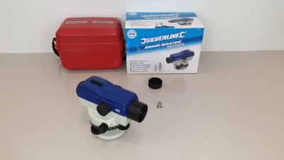BRAND NEW SILVERLINE AUTOMATIC OPTICAL LEVEL - 20X MAGNIFICATION , SELF LEVELLING FUNCTION, AUTOMATICALLY ALIGNS TARGET LINE - INCLUDES PLUMB BOB, TOOLS, INSTRUCTIONS & CARRY CASE (PROD CODE 633665) RRP £114.61 EACH (EXC VAT) - PICK LOOSE