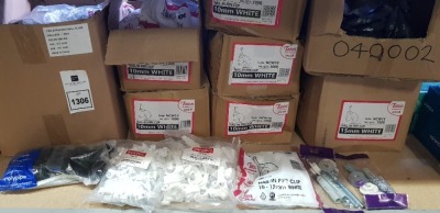 8000+ PIECE BRAND NEW MIXED LOT CONTAINING VARIOUS SIZE NAIL IN PIPE CLIPS IN WHITE IN SIZES 10 MM - 12 MM - 15 MM AND 22 MM SEALED STIFFNERS IN BLACK