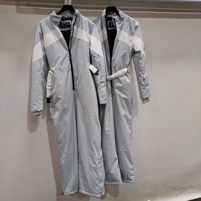 2 X BRAND NEW JACK WILLS STRIPE SKI SUITS IN GREY AND WHITE UK 8 -12 - RRP-£238.00 (PLEASE NOTE ONE HAS SLIGHT DIRT MARK)