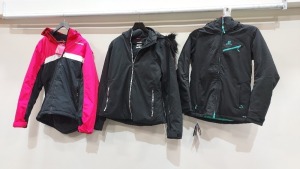 3 X MIXED SKI COAT LOT CONTAINING 1 X SALAMON BLACK SKI COAT SIZE XS WITH TAGS - 1 X NEVICA BLACK SKI COAT SIZE UK 14 WITH NO TAGS - 1 X CAMPRI PINK AND BLACK SKI COAT SIZE UK 16 WITH TAGS