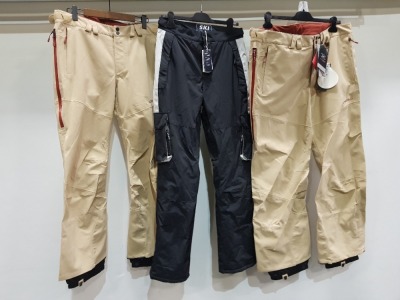 3 X MIXED SKI PANTS LOT CONTAINING 2X ONEILL SKI PANTS IN BROWN SIZE L - XL - 1X JACK WILLS SKI PANTS SIZE SMALL