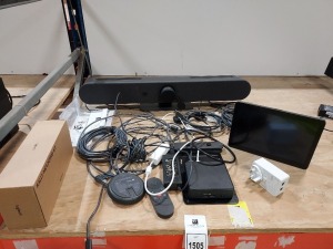 6 PIECE MIXED CONFERENCE CAM LOT CONTAINING 1 X LOGITECH BRALLY BAR MINI CONFERENCE CAMERA / 1 X LOGI DEVICE REMOTE CONTROL / 1 X LOGI RALLY MIC POD / 1 X LOGI TAP ROOM TABLET RALLY MINI - 1 X RALLY MOUNTING KIT INCLUDES SOME LEADS - NOT COMPLETE SET