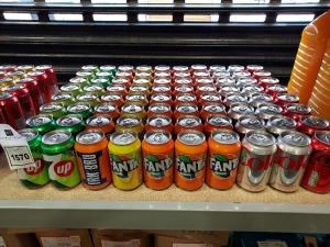 80 X BRAND NEW MIXED 330ML CANS DRINK LOT CONTAINING COCA COLA - FANTA IN VARIOUS FLAVOURS - 7UP- DIET COKE - IRN BRU - 4X CHEFS LARDER ORANGE SQUASH 5LITRES