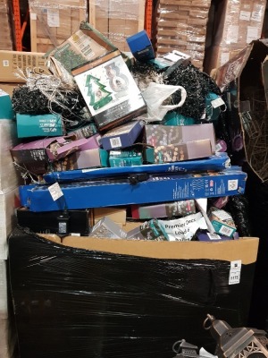 80+ PIECE MIXED CHRISTMAS LOT CONTAINING 27CM LIT MUSICAL SNOW BLOWING XMAS SHAPES, 5X 70CM SNOWING SHOWER LIGHTS 150 LED, 1500 LED TREEBRIGHTS 37.5M LIT LENGTH , 400 TIME LIGHTS 40M LIT LENGTH ETC ON A PALLET (NOTE CUSTOMER RETURNS)