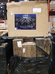 12+ PIECE MIXED CHRISTMAS LOT CONTAINING SNOW TIPPED FIR XMES TREE 8FT, SILVER TIPPED FIR 6FT , PRE -LIT DECORATIVE TWIGS , 1.2M , 220 X 86CM STARS ROPE LIGHTS ETC ON A PALLET (NOTE CUSTOMER RETURNS)