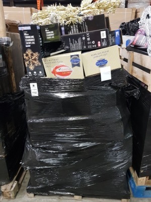 40+ PIECE MIXED CHRISTMAS LOT CONTAINING LED ANIMATED AIRSHIP WITH SANTA , 60CM TWINKLING STARBURST SNOWFLAKES , LED MUSICAL ANIMATED AIPINE VILLAGE SCENE , LED LARGE SNOWFLAKE ETC ON A PALLET (NOTE CUSTOMER RETURNS) LOAD 5 PALLET 10