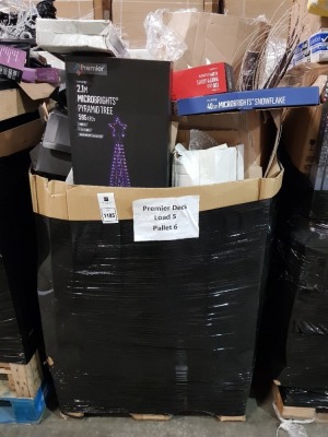 40+ PIECE MIXED CHRISTMAS LOT CONTAINING 2.1M MICROBRIGHTS PYRAMID TREE 595LEDS, 1.2M BROWN FLOCKED WILLOW THREE 450LEDS , 40CM MICROBRIGHTS SNOWFLAKE , 120 PARTY LIGHTS 11.9M LIT LENGTH, ETC ON A PALLET (NOTE CUSTOMER RETURNS) LOAD 5 PALLET 6