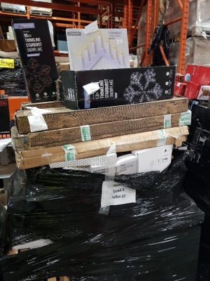 60+ PIECE MIXED CHRISTMAS LOT CONTAINING 1.2M TWINKLING STARBURST SNOWFLAKE , FLICKABRIGHTS CANDLEBRIDGE'S 16CM SET OF 5 ACRYLIC BIRDS WITH CLIPS , 90CM TWINKLING STARBURST SNOWFLAKE'S ETC ON A FULL PALLET (NOTE CUSTOMER RETURNS)